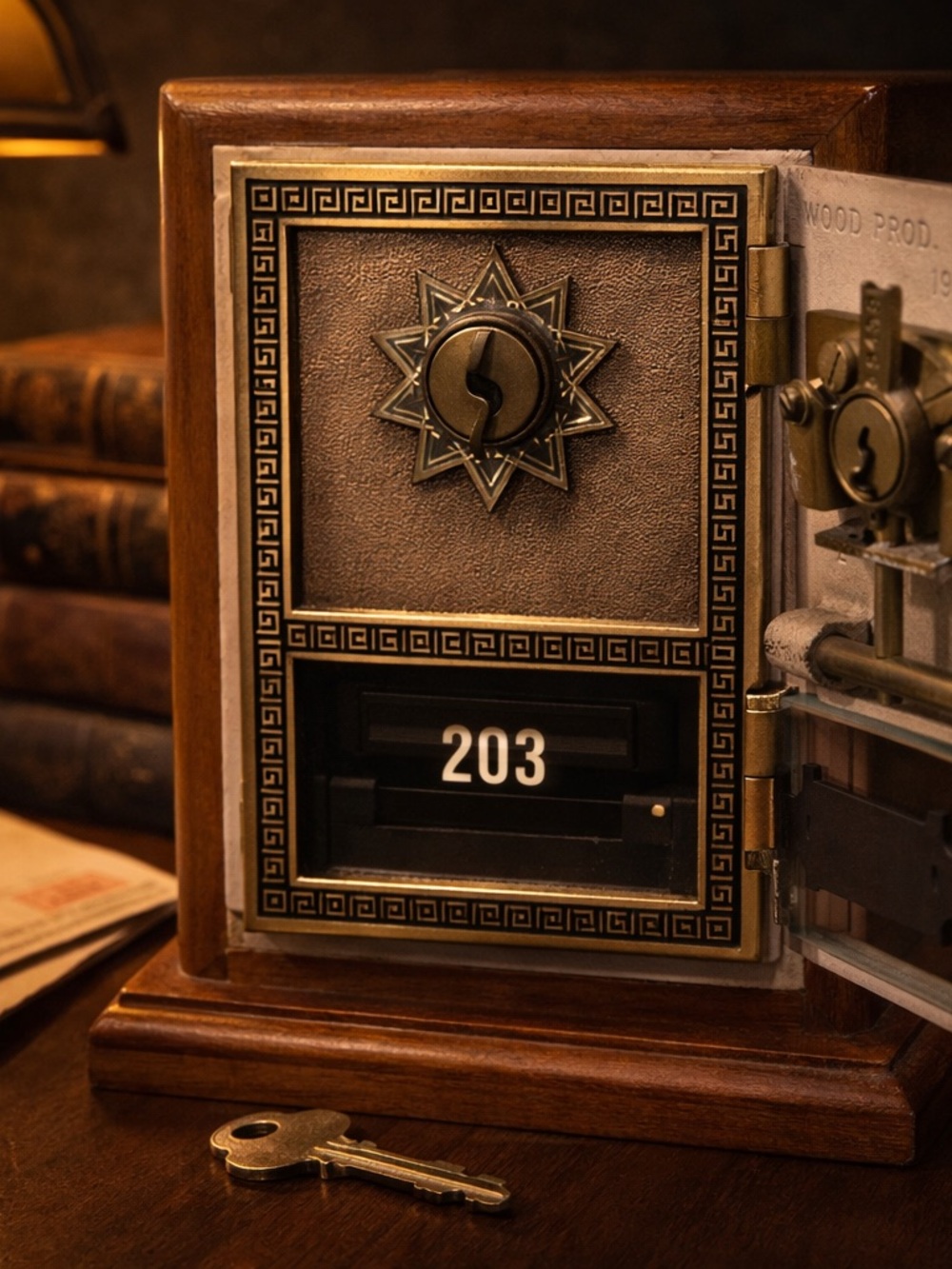 Vintage 1939 Wood Products Postal Lock Box Coin Bank w/ Key Brass Dial PO Door